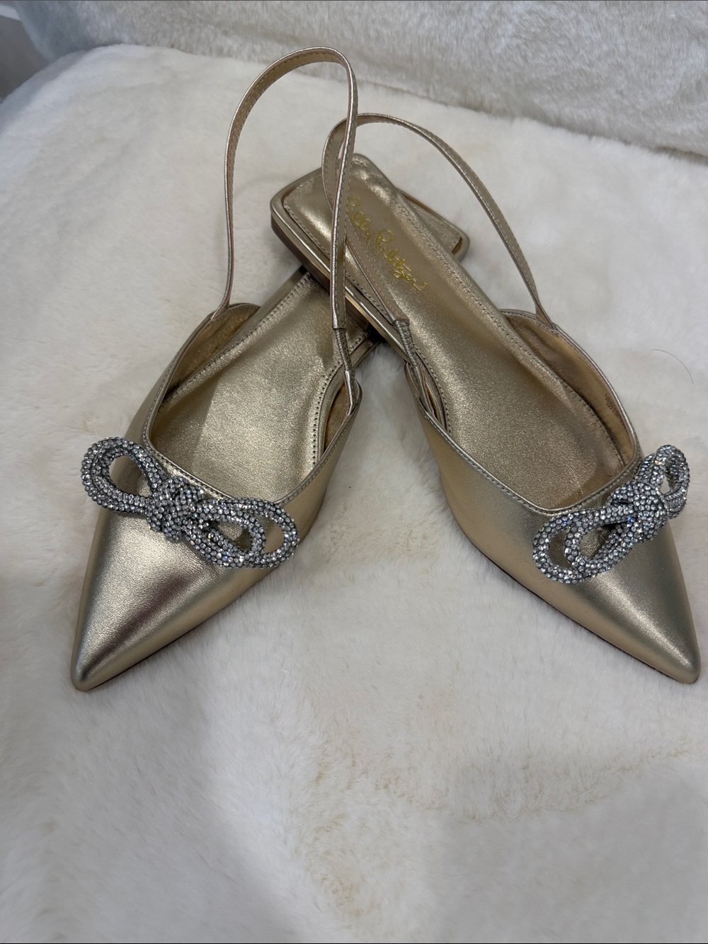 Lilly Pulitzer Metallic Gold Pointed Slingback Flats with Crystal Bow